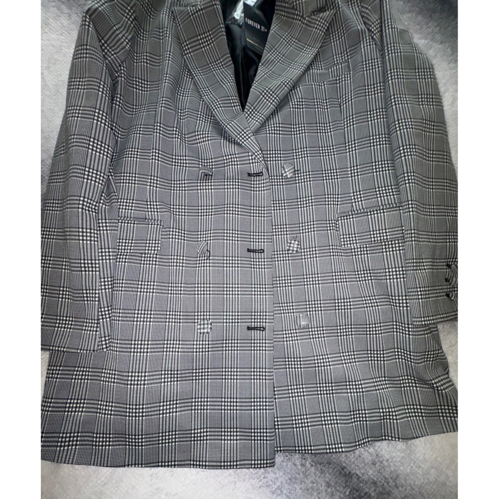 (CL) Forever 21 Plus 1X Grey Black Glen Plaid Double Breast Longline Blazer NWT - Picture 3 of 8